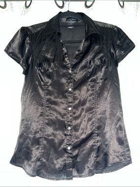 Cotton Express Black Satin Button-Down Short Sleeve Blouse